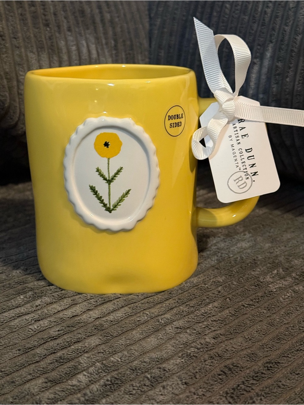 Rae Dunn Bright Yellow Floral Ceramic Mug with White Medallion GROW EVERYDAY